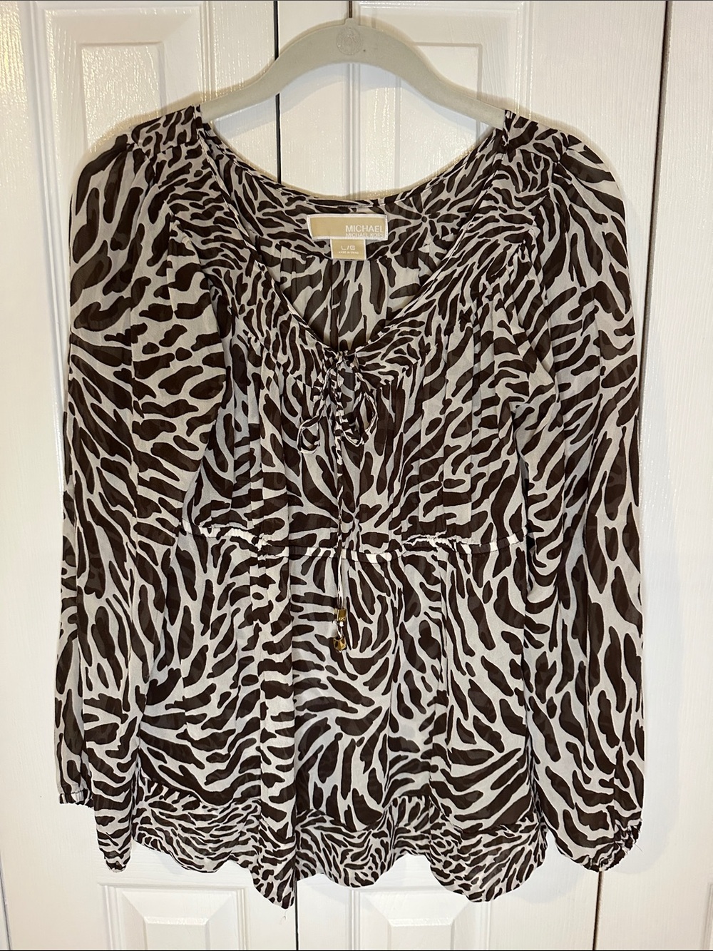MICHAEL Michael Kors Brown and White Animal Print Peasant Blouse